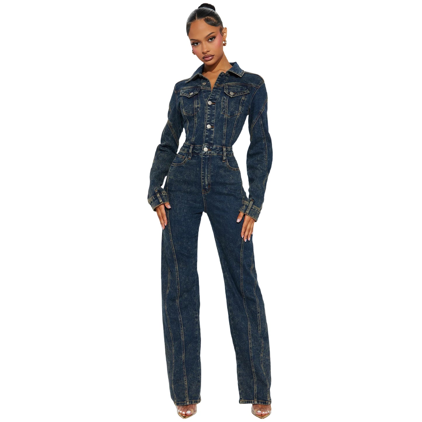Denim Dark Blue Washed Long Sleeve Patchwork Turn-Down Collar Women's Jeans Jumpsuit
