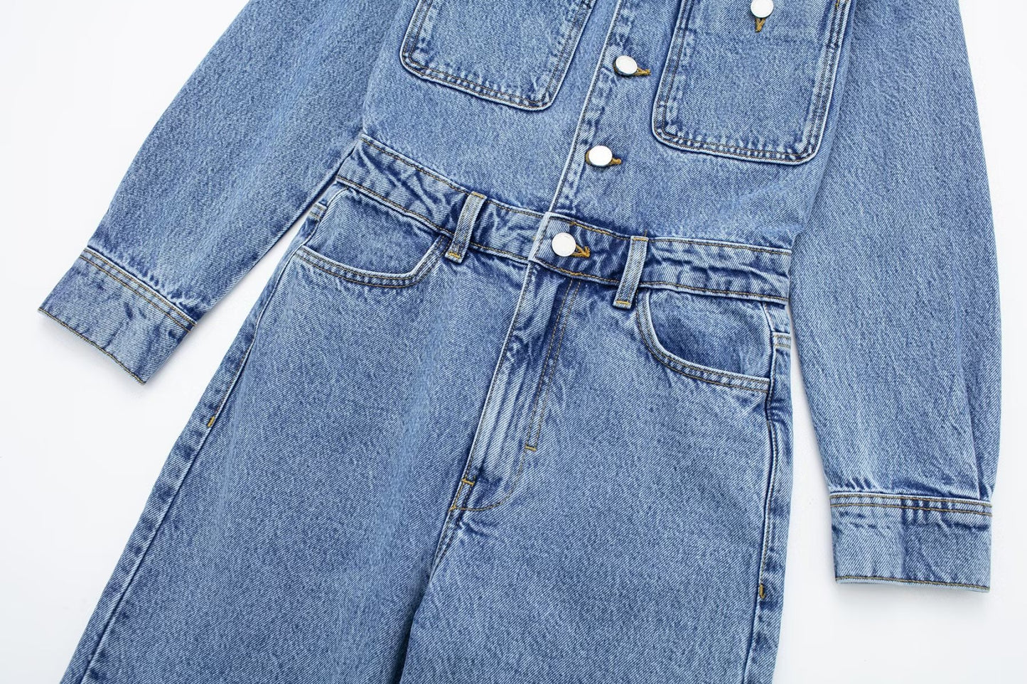 Denim Faded Blue Turn-Down Collar Button-Up Long Sleeve Straight Leg Jeans Jumpsuit