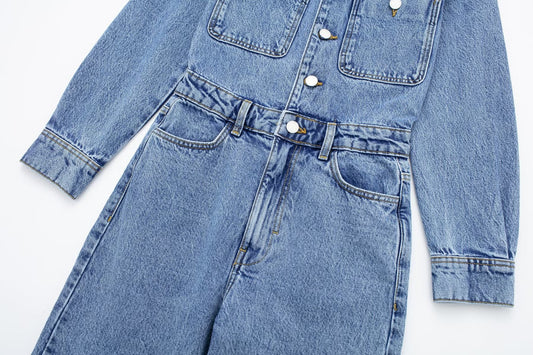 Denim Faded Blue Turn-Down Collar Button-Up Long Sleeve Straight Leg Jeans Jumpsuit