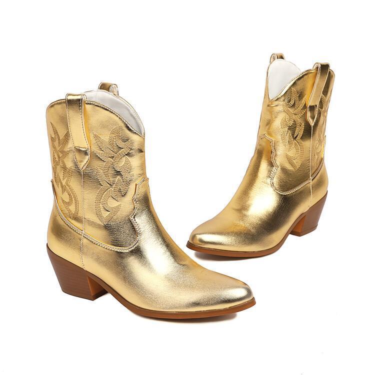 Metallic Patent Leather Embroidered Pointed Toe Chunky Heel Ankle Western Cowgirl Boots