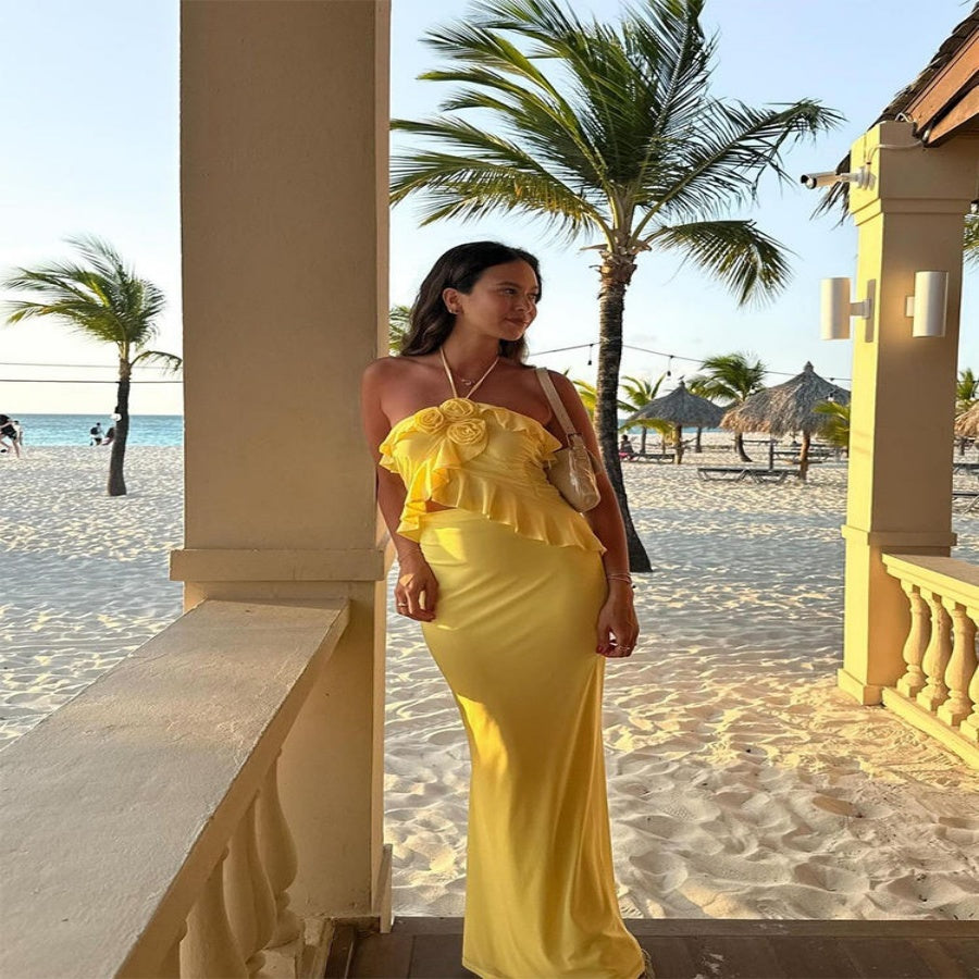 Yellow Rose Flower Embroidered Ruffled Halter Neck Spaghetti Strap High Waist Maxi Dress