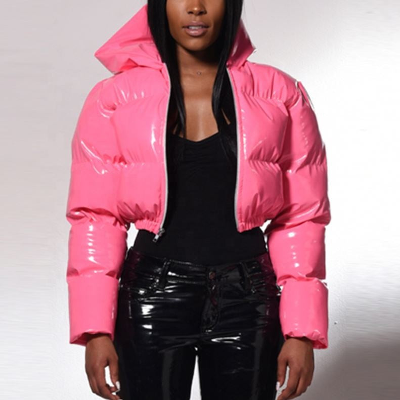 Glossy Hip-Hop Faux Leather Cropped Women's Down Cotton Puffer Hoodie Jacket