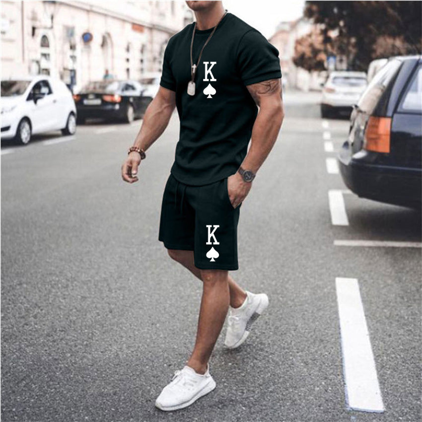 Men's King Of Spades Print Loose Solid Color Casual T-Shirt + Shorts 2-Piece Set