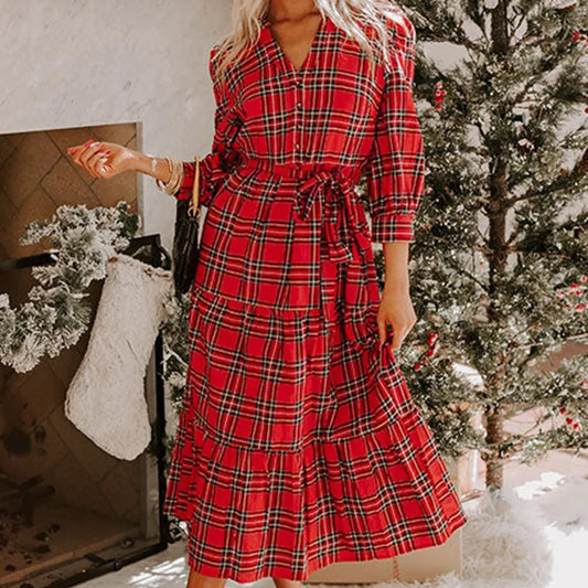 Red/Green Plaid Christmas Color Print Print Long Sleeve V-Neck Tiered Sash Belted Maxi Dress