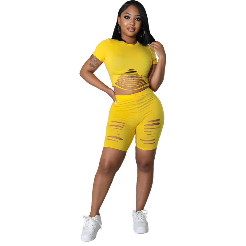 Skinny Solid Color Women's Short Sleeve Crop T-Shirt + Ripped Workout Shorts 2-Piece Fitness Set to 5X Plus Size