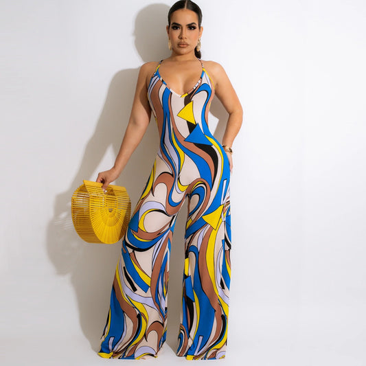 Swirl Print Blue/Yellow/White Sleeveless Spaghetti Strap Backless Women's Wide Leg Jumpsuit