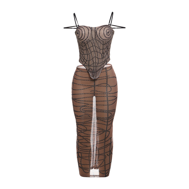 Abstract Striped Design Sheer Transparent Bustier Crop Tank Top + Maxi Skirt 2-Piece Set