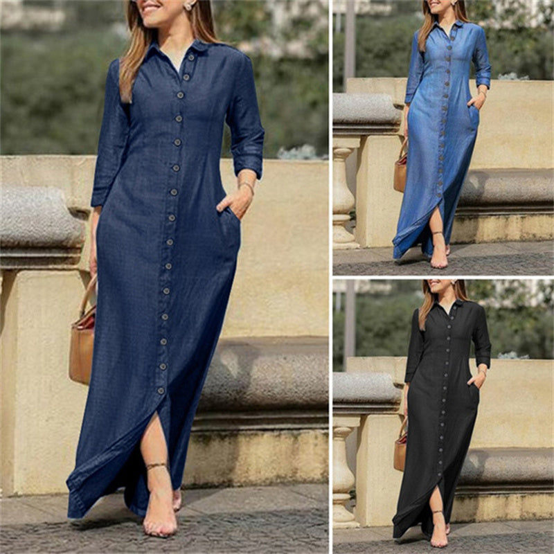Denim Button-Up Long Sleeve Long Jean Pocket Dress to 5X Plus Size