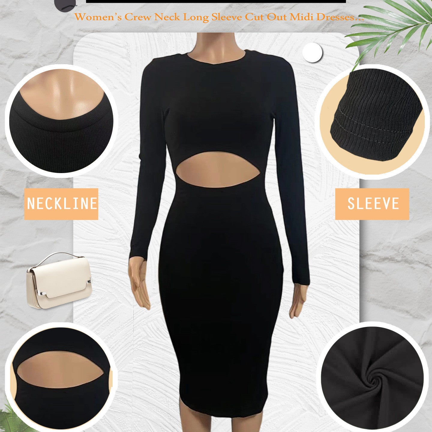 Ribbed Hollow-Out Waist Design Solid Color O-Neck Long Sleeve Women's Midi Dress