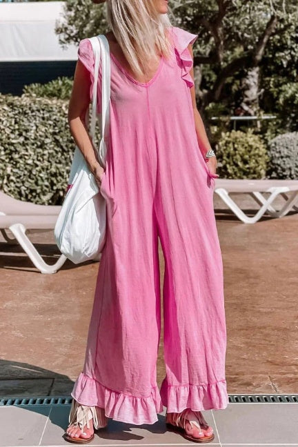 Ruffled Loose Lotus Leaf Casual Sleeveless Pocketed Women's Jumpsuit