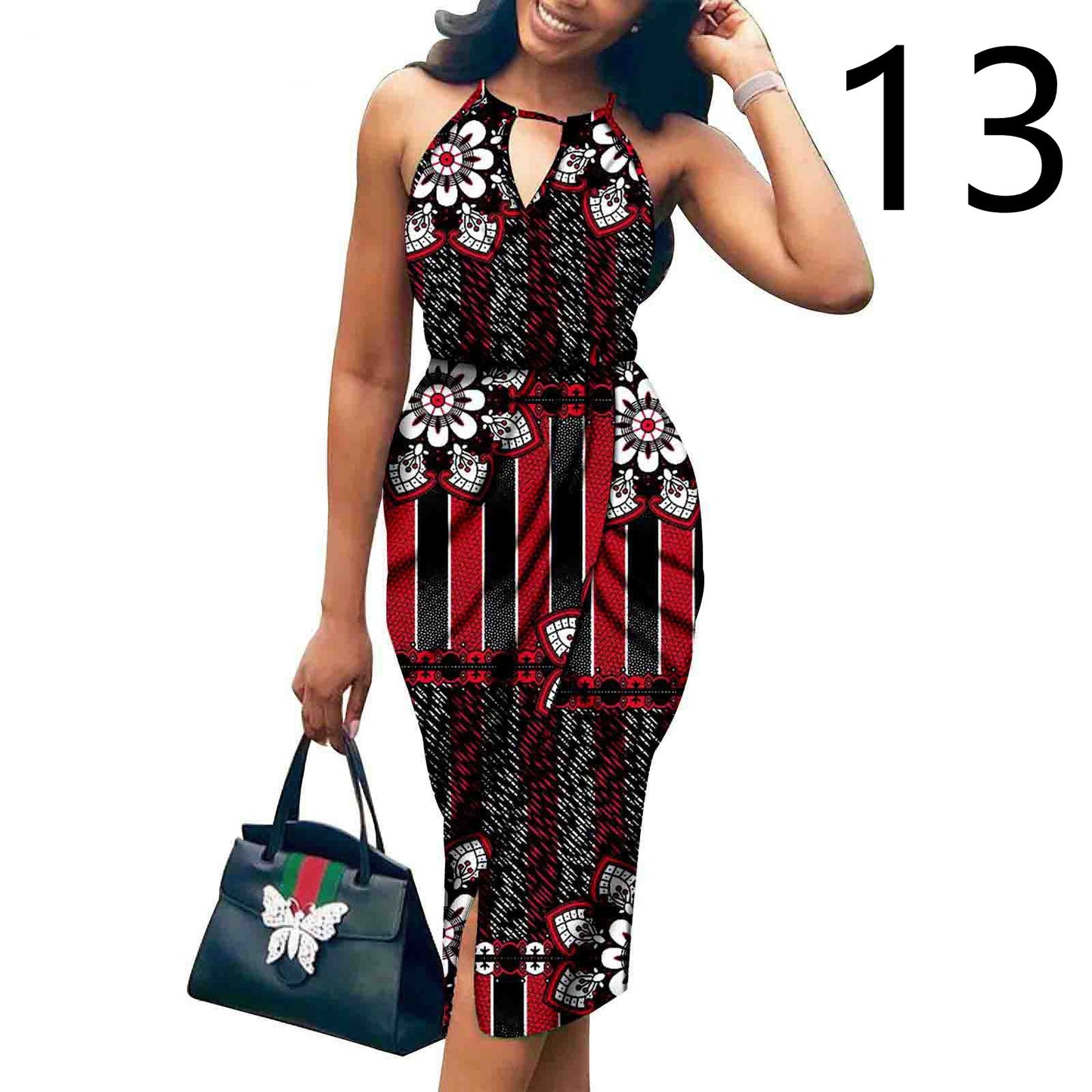 African Print Batik Cotton Sleeveless V-Neck Halter Strap Formal Party Dress to 3X Plus Size