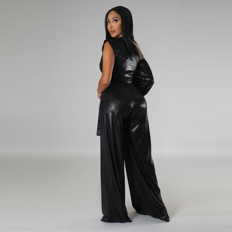 Shiny Black Asymmetrical One Sleeve Wide Leg Pants Solid Color Evening Jumpsuit
