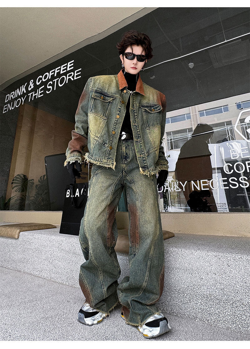 Men's Faded Denim Colorblock Jean Jacket + Wide Leg Loose Jeans Set