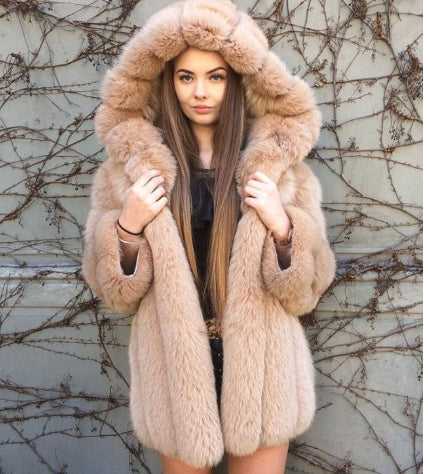 Faux Fur Ribbed Women's Long Sleeve Short Solid Color Hoodie Coat
