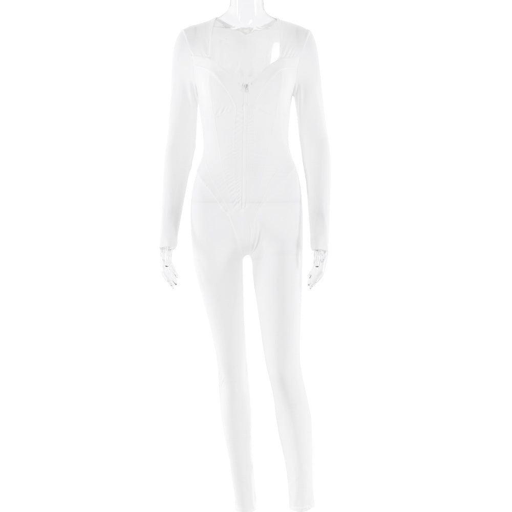 Corset Top Bodycon Long Sleeve Skin Tight Solid Color Zipper Jumpsuit