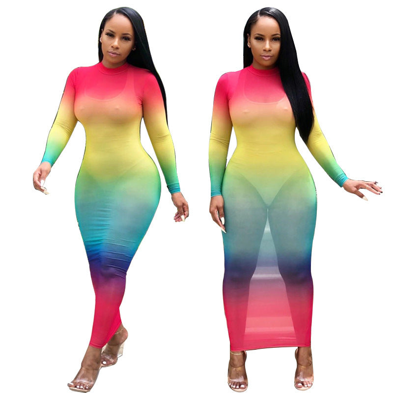 Rainbow Pastel Gradient Colorblock Print Sheer Transparent Long Sleeve Maxi Dress