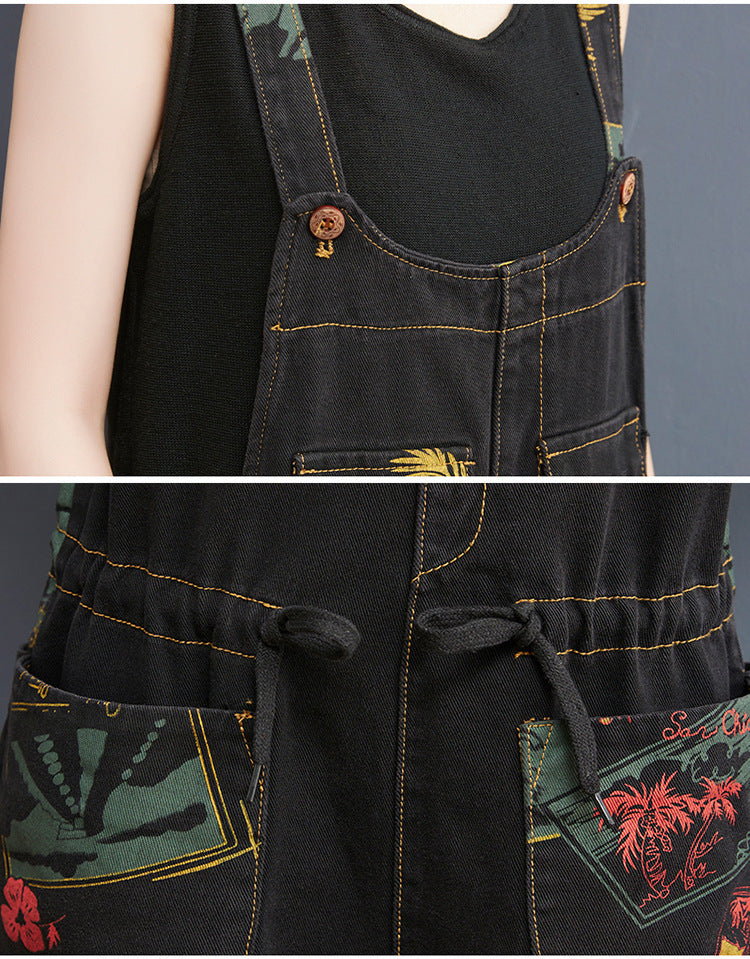 Denim Women's Floral Print Baggy Streetwear  Suspender Jean Overall Jumpsuit
