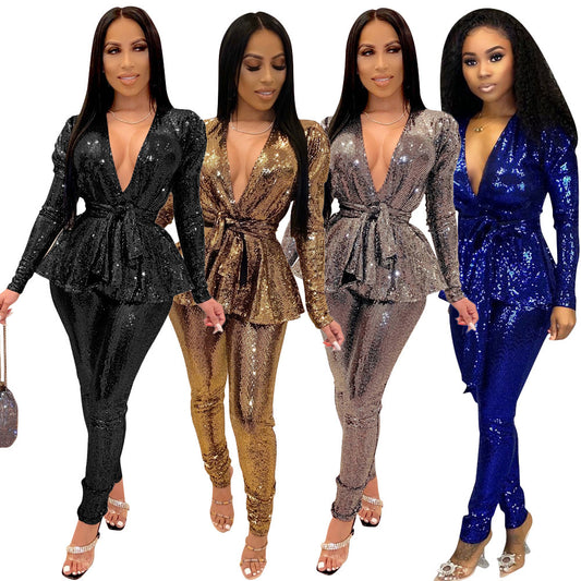 Metallic Sparkling Women's Low Cut Sash Belted Blazer Jacket + Pants Formal Party Suit