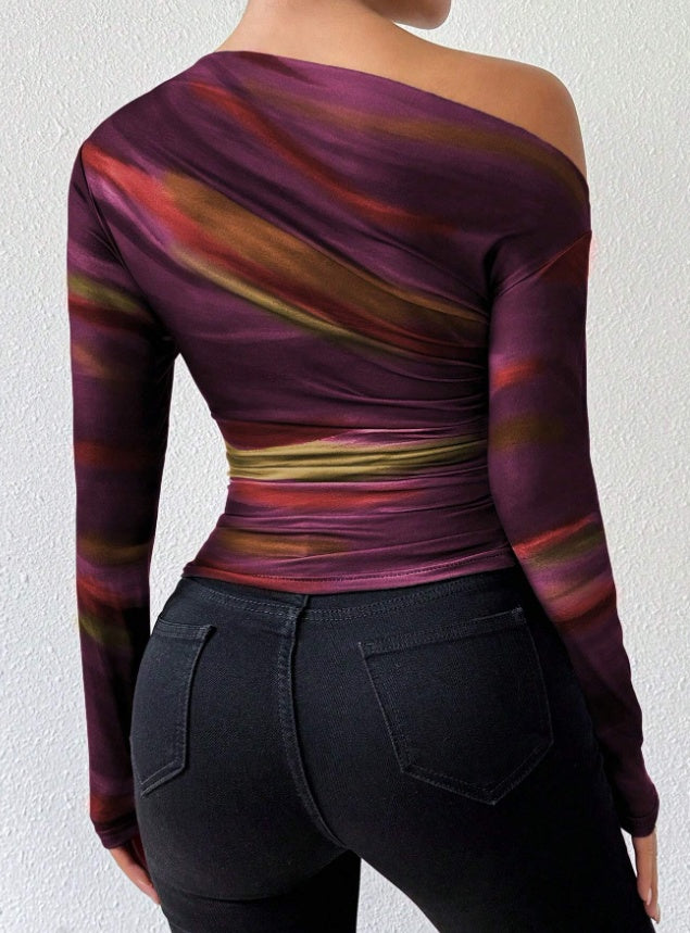 Gradient Striped Colorblock Print Long Sleeve Graphic Women's Shirt to 3X Plus Size