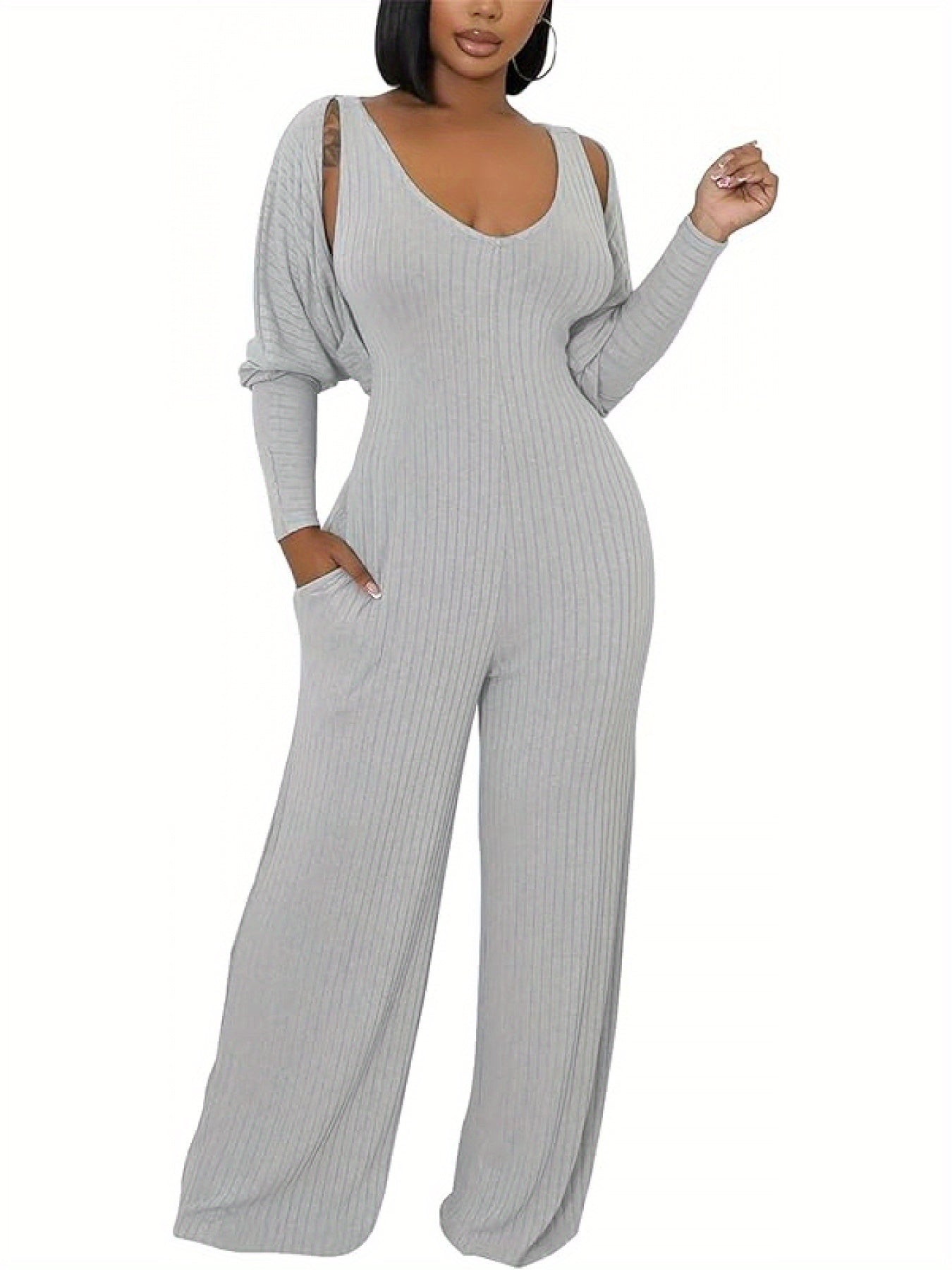 Ribbed Knitted Solid Color Batwing Sleeve Blazer + U-Neck Women's Sleeveless Jumpsuit 2-Piece Set