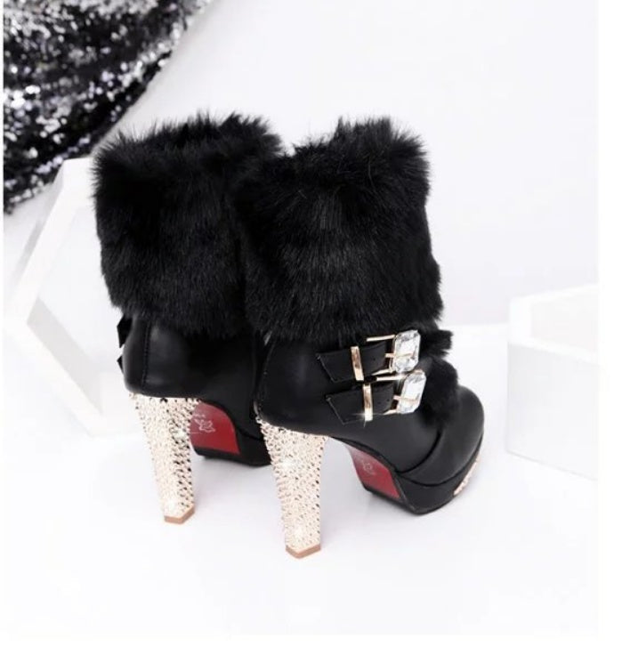 Rhinestone Embellished Faux Fur/Leather Chunky Stiletto Heel Women's Ankle Boots