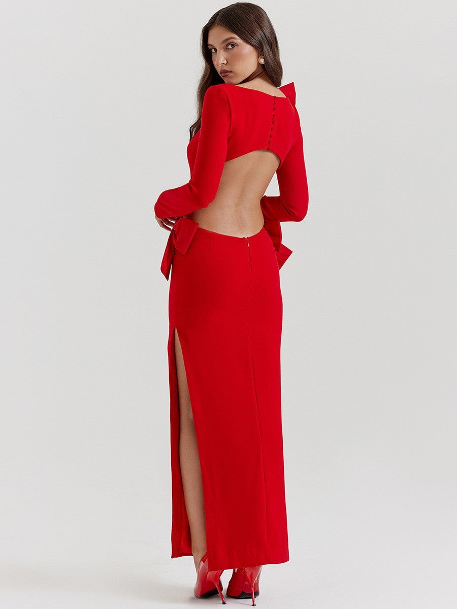 Fashion Long Sleeve Backless Bow Dress