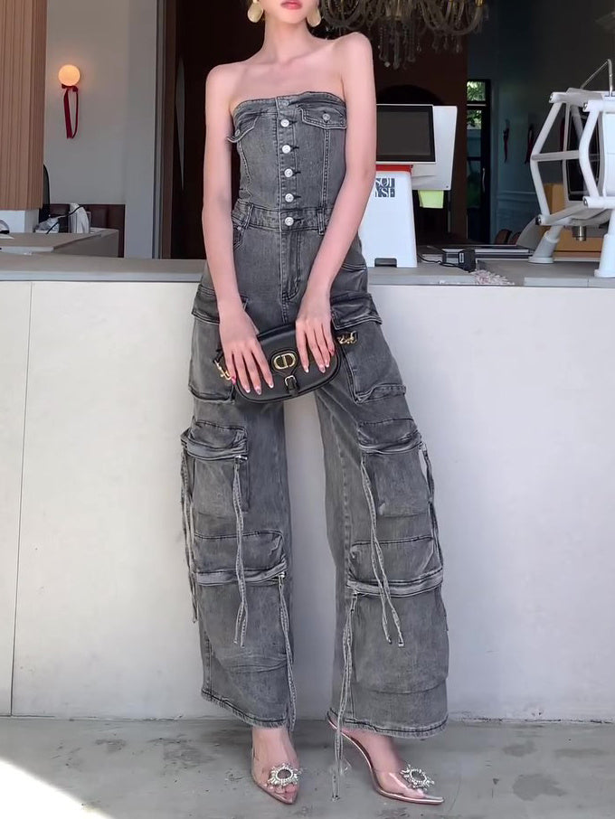 Denim Black Washed Multi-Pocketed Tube Top Sleeveless Women's Cargo Jeans Jumpsuit