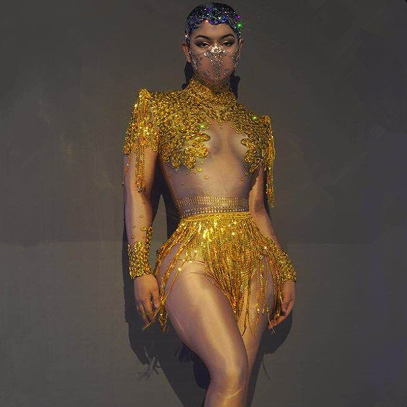 Metallic Lace Rhinestone Tassel Fringe Design Women's Sleeveless Stage Performance Bodysuit Costume
