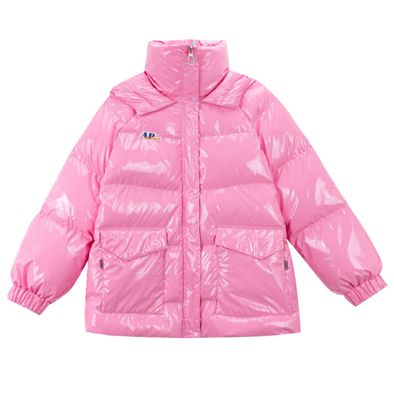 Pink Glossy Down Cotton-padded Jacket Women's Mid-length New