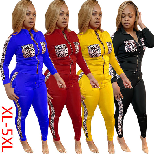 Leopard Colorblock Double Pocket Design Women's Zipper Sports Jacket + Side Striped Sweatpants Tracksuit to 5X Plus Size