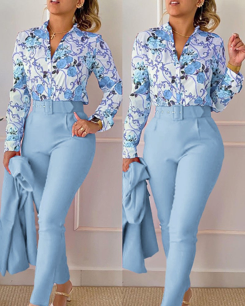 Floral/Geometric/Baroque/Colorblock Gradient Print Long Sleeve Blouse + Solid Color Pants w/ Belt 2-Piece Office Attire Set