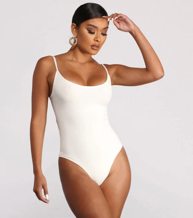 Lace-Up Back String Design Solid Spaghetti Strap V-Neck One-Piece Women's Swimsuit