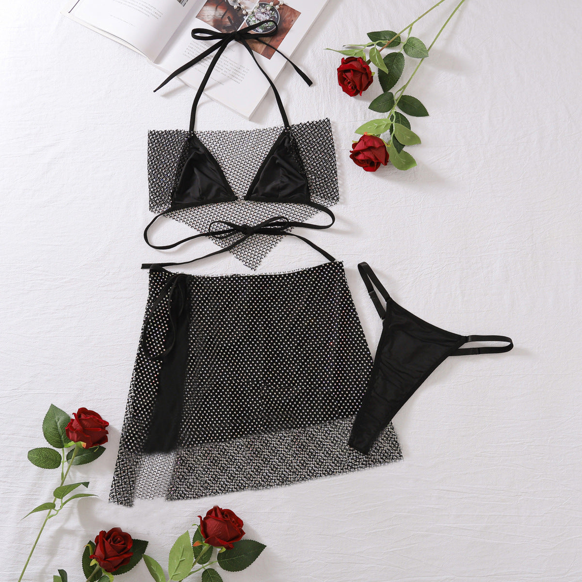 Mesh Crystal Metallic Thong Bikini Swimsuit & Cover-Up Mini Skirt 3-Piece Swimwear Set