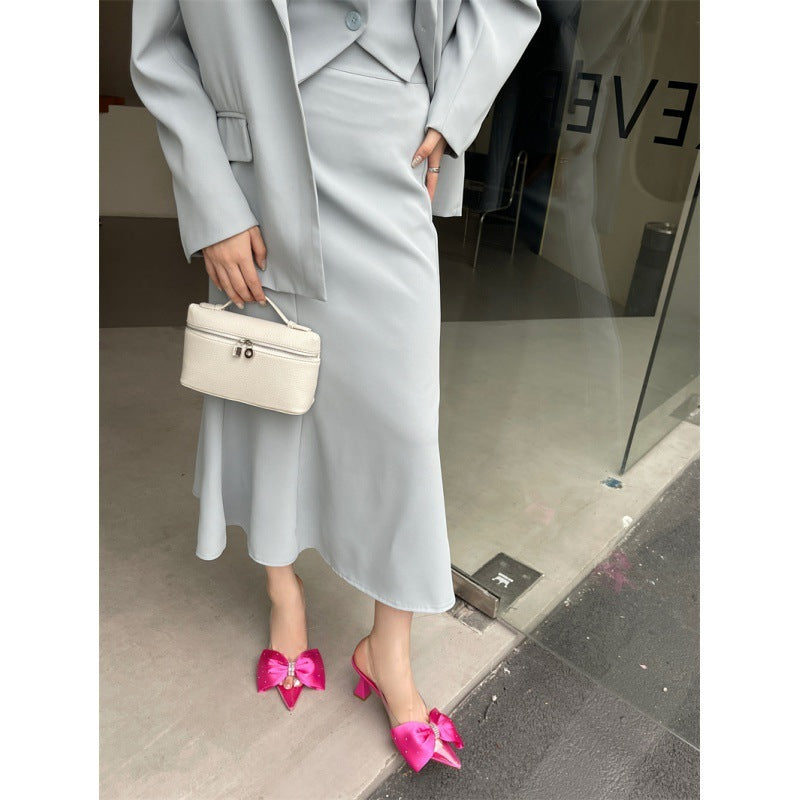 Pink/Rose Red Rhinestone Bowknot Design Women's Stiletto Pointed Open Toe Spiked Heel Sandal Pumps