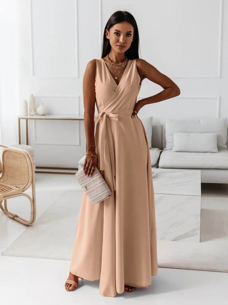 Solid Color V-Neck Sleeveless Belted Party Evening Maxi Wrap Dress