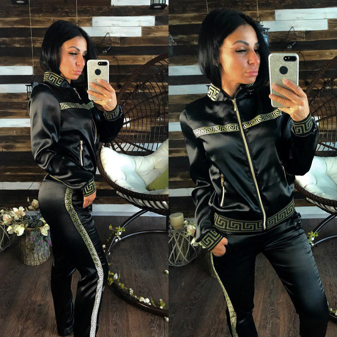 Satin Geometric Monogram Print O-Neck Women's Zipper Bomber Jacket + Sweatpants Tracksuit
