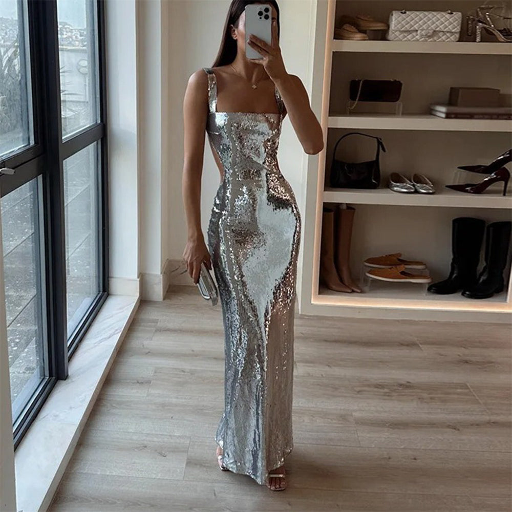 Silver Metallic Sequin Design Sleeveless Halter Strap Formal Maxi Party Dress