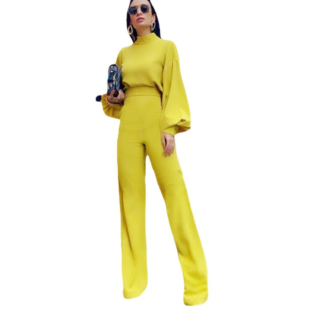 Turtleneck Solid Color Backless Long Balloon Sleeve Women's Pants One-Piece Jumpsuit to 3X Plus Size