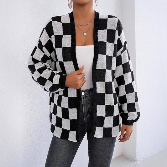 Wool Checker Plaid Print Women's Open Cardigan Sweater