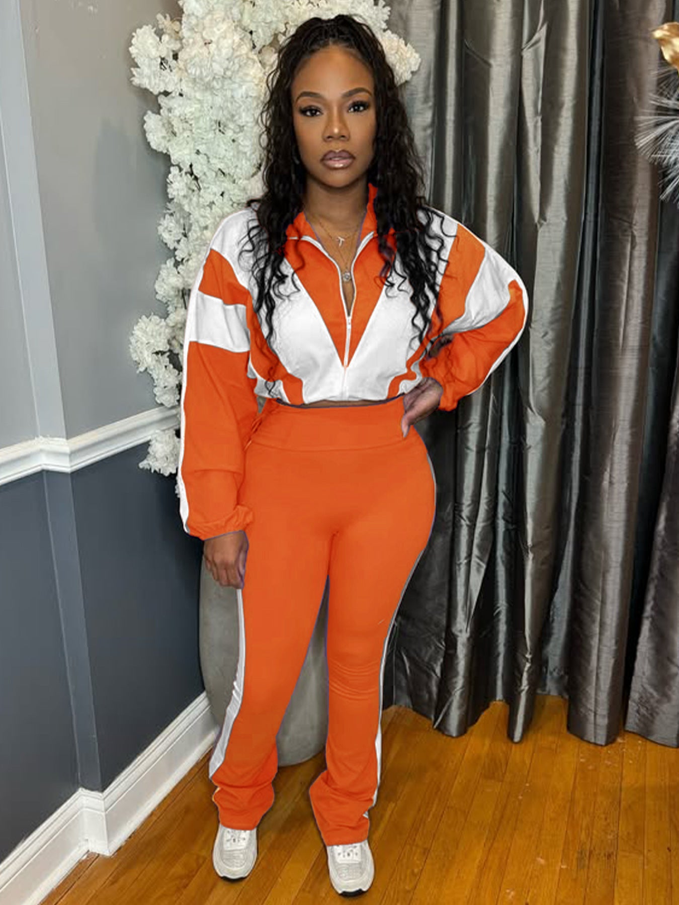 Colorblock Striped Women's Fitness Zipper Jacket+ Solid Sweatpants Tracksuit