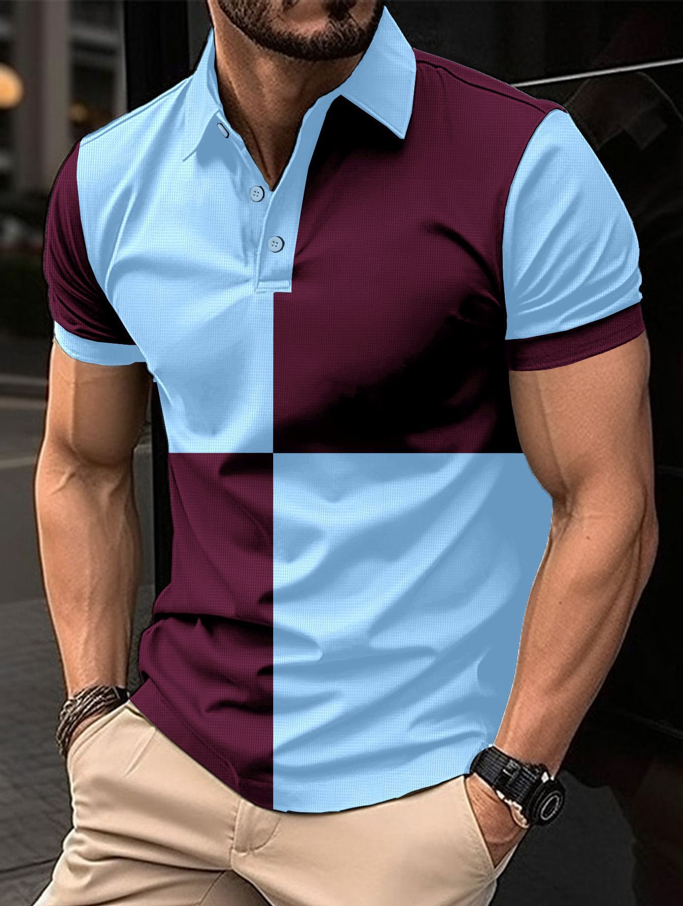 Colorblock Checker Print Turn-Down Collar Button-Up Polo Shirt