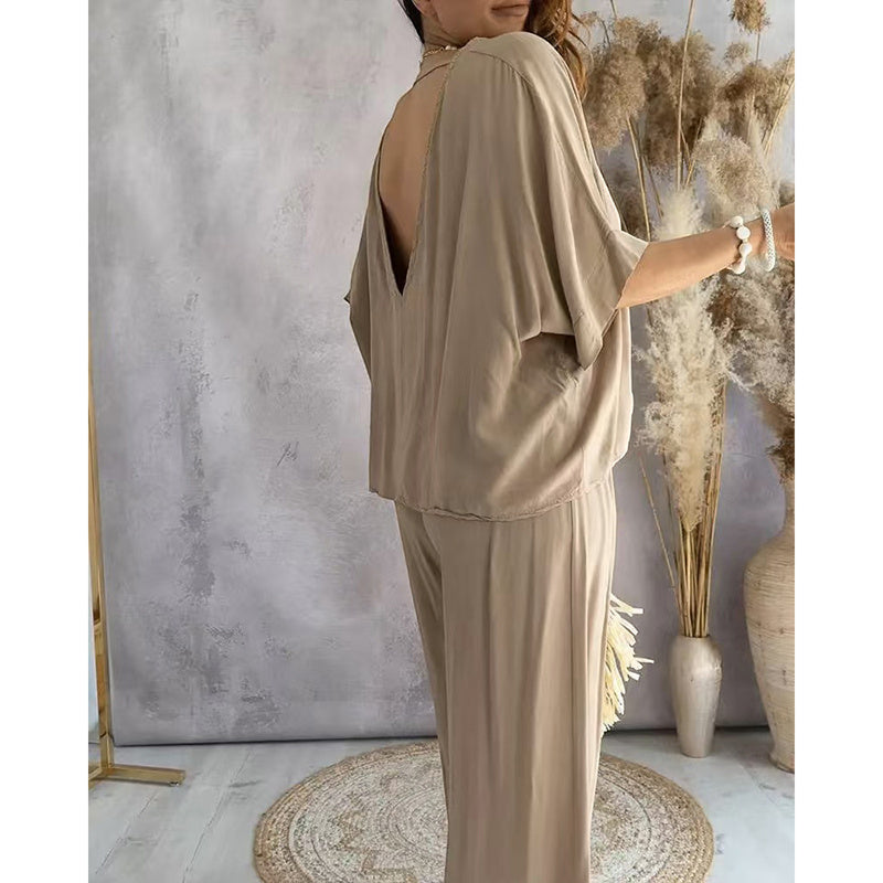 Solid Color V-Neck Half Sleeve Women's T-Shirt + Wide Leg Pants 2-Piece Set
