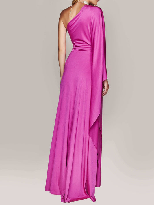 Fuschia Asymmetrical One Shoulder Wide Sleeve Ruched Formal Maxi Dress