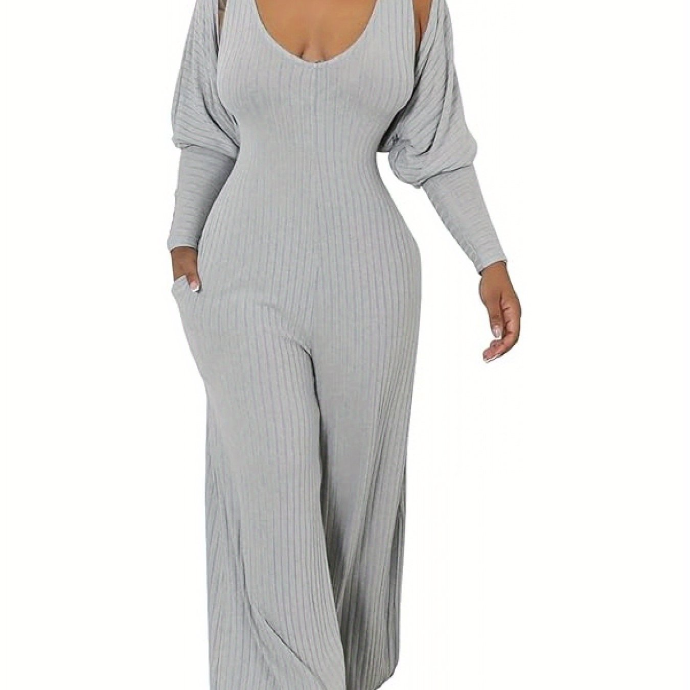 Ribbed Knitted Solid Color Batwing Sleeve Blazer + U-Neck Women's Sleeveless Jumpsuit 2-Piece Set
