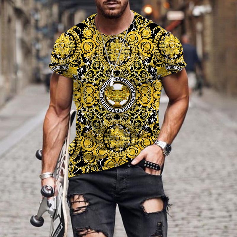Men's Black/Yellow/Red Baroque Pattern 3D Print 1/2 Sleeve T-Shirt