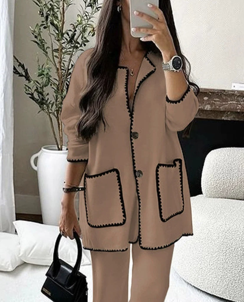 Oversized Colorblock Stitch Design Button-Up Pocketed Sweater Blazer + Pants Women's Knitted Suit