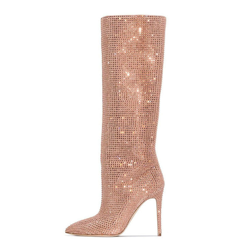 Sparkling Cashmere Rhinestone Pointed Toe Solid Color Women's Stiletto Heel Knee-High Boots
