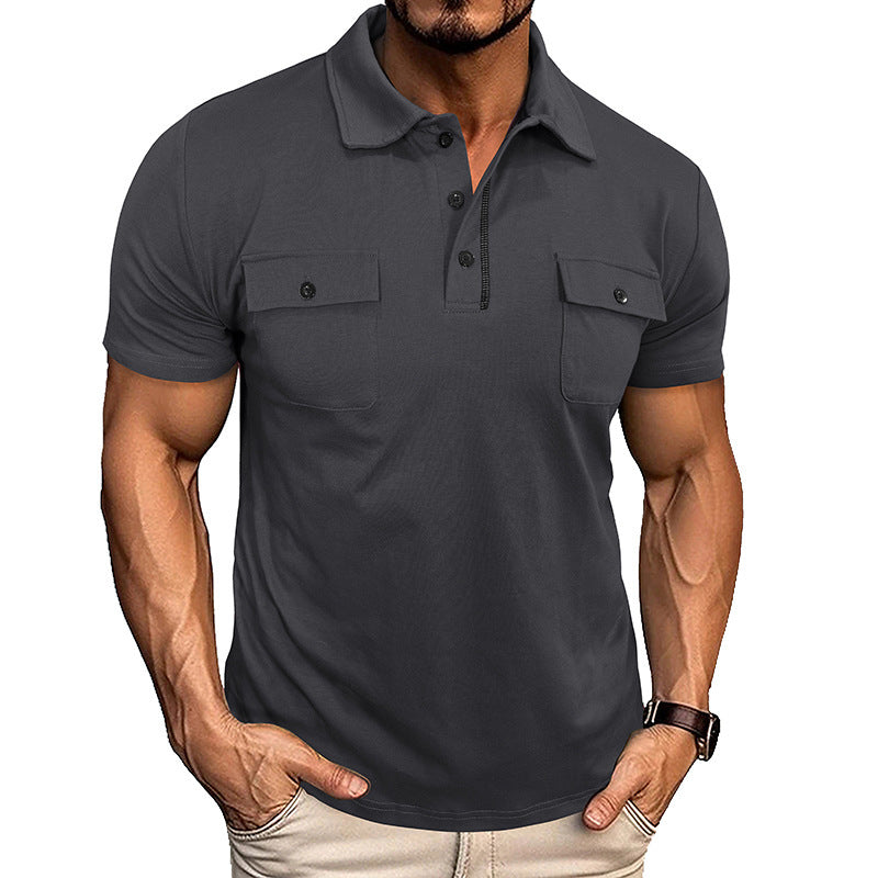 Men's Double Pocket Solid Color Button-Up Turn-Down Collar Polo Shirts