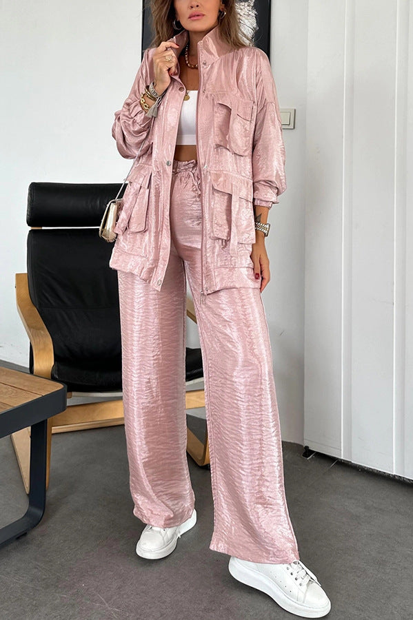 Cargo Multi-Pocketed Women's Button-Up Streetwear Jacket + Drawstring Pants Solid Color 2-Piece Set