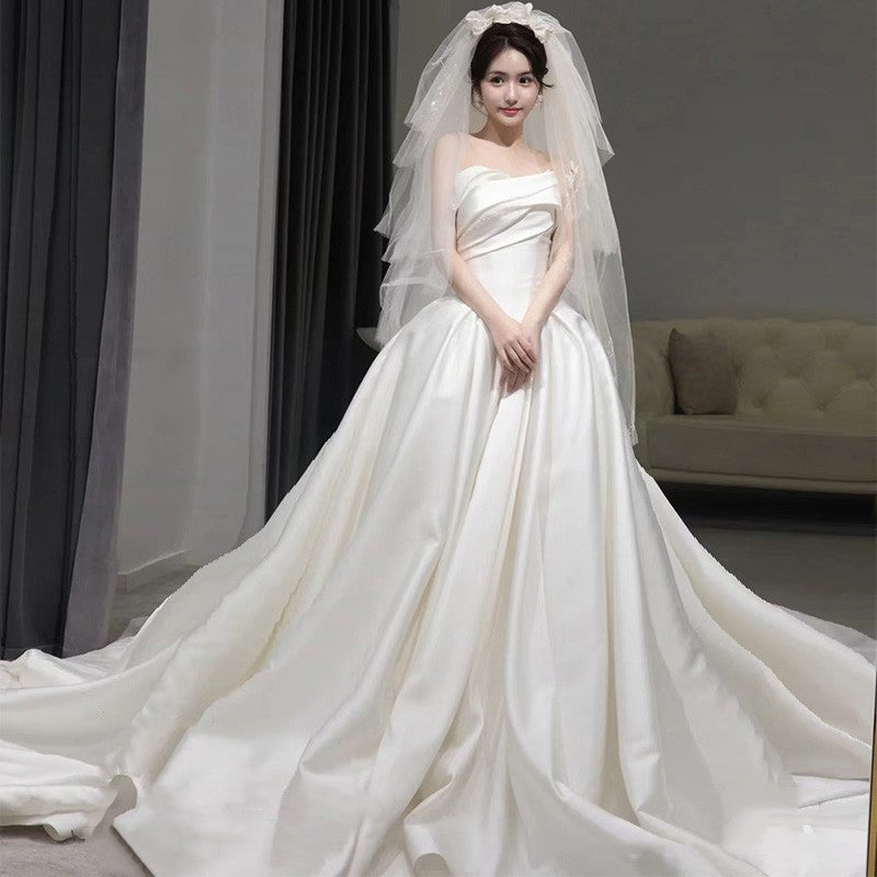 Satin Temperament Princess Style French Oversized Sweep Train Wedding Bridal Gown